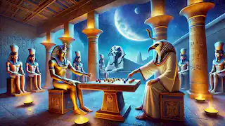 Thoth and Khonsu play senet under a starry sky in a moonlit courtyard near pyramids.