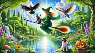 The witch, cat, dog, and bird fly over a shimmering pond on a broomstick.