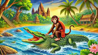  The monkey sat on the crocodile's back as they swam in the river, revealing the crocodile's plan.