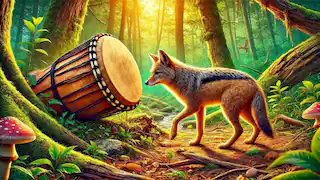 Jackal approaching a drum in a forest clearing with curiosity.