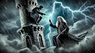 A dramatic confrontation between two wizards atop a tower, with lightning flashing in the night sky.