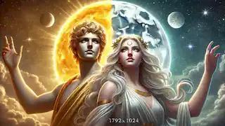 Artemis and Apollo watching over night and day from the heavens, surrounded by celestial light.