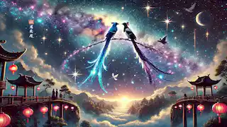 Magpies form a bridge across the Milky Way, reuniting Zhinu and Niulang under a sky filled with constellations.