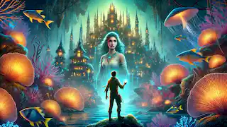 Amaru stands in an underwater realm before a glowing coral city, with Iara, the guardian, pointing toward the city's heart.