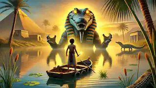 Ammon, a young fisherman, encounters a divine crocodile with glowing eyes on the tranquil Nile River.