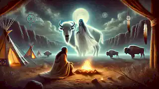 White Buffalo Calf Woman appears in a dream to a Lakota elder under a moonlit sky, with sacred symbols in the air