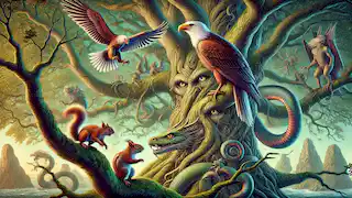 An eagle, hawk Vedrfolnir, and squirrel Ratatoskr in the branches of Yggdrasil, maintaining cosmic balance.