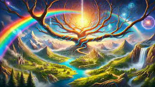 Yggdrasil’s branches holding Midgard and Asgard, connected by the rainbow bridge Bifrost, in a lush landscape.