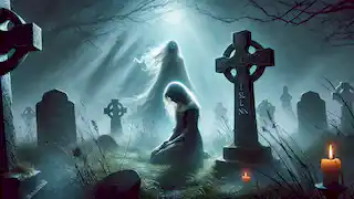 Eleanor kneels at a grave in a misty graveyard while the spectral Banshee looms behind her in sorrow.