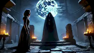 Marie confronting Morcant at a moonlit stone altar in the forest