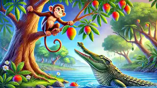 Clever monkey in a tall tree by the Ganges River with a crocodile below.