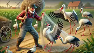 The farmer catching several cranes and a stork in a net.