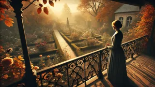 Vista desde un balcón donde una dama victoriana contempla un jardín en plena floración, con la luz del sol bailando sobre los senderos serpenteantes.