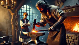 A blacksmith forges a glowing sword in a medieval forge while young Bálint watches with determination.