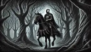 A determined medieval prince riding a black horse through the eerie Black Forest, surrounded by twisted trees and deep shadows.