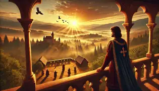 Prince Radu watches a golden sunrise over the Romanian countryside, as villagers celebrate the end of the Black Wolf’s curse.