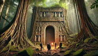 An ancient stone gate covered in vines, adorned with mysterious carvings, as explorers stand before it with torches.