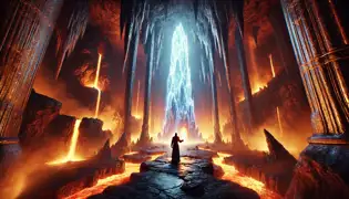 Kamau faces the Trial of Fire and Ice in a cavern glowing with molten lava and a towering frozen pillar.