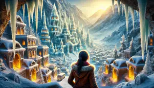 A frozen city with shimmering spires and statues encased in ice, surrounded by snowy peaks, as an archaeologist gazes in awe.