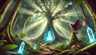  The sacred grove with an ancient tree cradling a glowing crystal, guarded by a harpy eagle in a vibrant cloud forest.