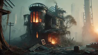 Los rociadores automáticos combaten un incendio en la casa abandonada envuelta en llamas.
