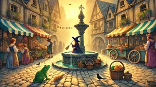 Aldeanos saludando a la bruja y a sus amigos animales en la plaza del pueblo.