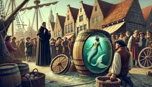 Villagers gather around a barrel with a captured mermaid, while a priest warns them against her presence.