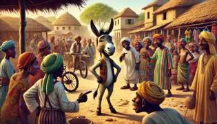 A bewildered donkey stands in a busy Senegalese village while villagers laugh and point. A cunning hyena smirks behind a cart.