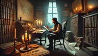 Daniel Vos sits at a candle-lit desk, examining Lady Elise’s secret letter with a cryptic warning: 'They know. Leave now