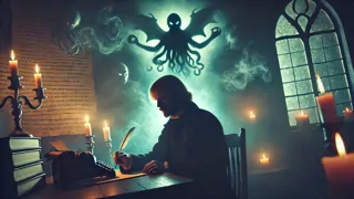 A scholar shrouded in shadow, illuminated by fragments of forbidden dream imagery.