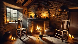 A warm hearth in a candlelit Irish cottage, shadows dancing on pottery and wildflowers