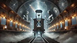 Passageiros apresentando tokens brilhantes a deidades sombrias e imponentes, dentro de um vagão de trem iluminado por lanternas