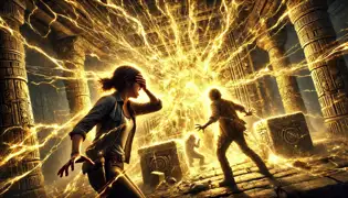 A powerful explosion of golden light from the Sun Stone engulfs Miguel, while Elena and Diego shield themselves from the force.