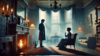 Holmes and Watson confronting Irene Adler in the pale dawn light at 221B Baker Street