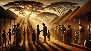Victorian explorers return to an African village, changed and welcomed, after their quest for Solomon’s Mines.