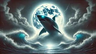 Dios Tiburón emergiendo de las olas del océano bajo un cielo iluminado por la luna