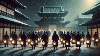 Ronin stürmen Kiras Anwesen unter fallendem Schnee mit Laternen und Schwertern.