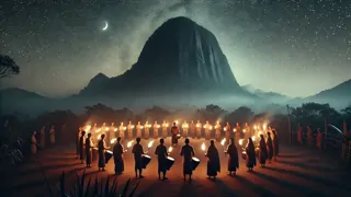 Los aldeanos celebran una ceremonia a la luz de antorchas para honrar al Gigante Dormido bajo un cielo estrellado.