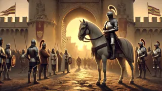 Le corps cuirassé du Cid à cheval, menant ses chevaliers lors du dernier siège de Valence.
