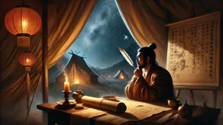 Zhuge Liang en su tienda planeando bajo las estrellas durante su última campaña.