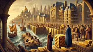 Bauherren errichten goldene Meeresmauern um die aufstrebende Stadt Ys, während König Gradlon und Heiliger Guénolé das Geschehen beaufsichtigen.