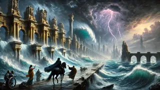 Heftiger Sturm umtost die Stadt Ys, während Wasser durch die goldenen Tore bricht; König Gradlon flieht mit Dahut.