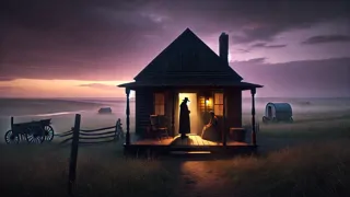 Un voyageur voilé transmettant la nouvelle d'Élie au couple près d'une cabane éclairée par une lanterne