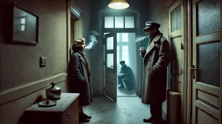 Der Vermieter streitet mit Marta vor einer frostbedeckten Wohnungstür, während Karl Dieter in der Nähe versteckt.
