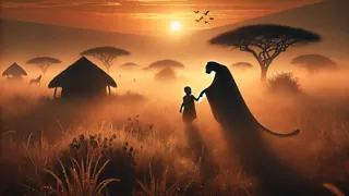 Beim ersten Morgenlicht führt die verblassende Silhouette des Leopardenmanns ein verloren gegangenes Kind durch tauende Gräser zurück ins Dorf.