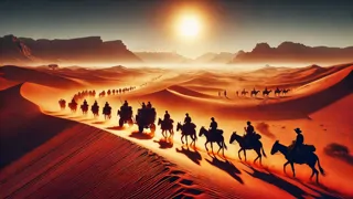 Victorian explorers trek across the harsh Kalahari Desert toward distant mountains in Africa.