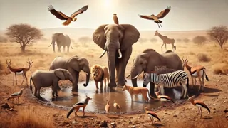 Des animaux rassemblés autour d'un petit point d'eau, s'entraidant sous le soleil de midi.