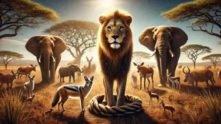 Un cercle de traces de pattes de lion autour d'une fontaine claire alors que les animaux se rassemblent pour boire.