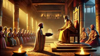 Farmer presenting a plain wooden bowl to reveal hidden truth behind golden vessel