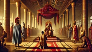 King Adebola seated on his throne overlooking the farmer in a grand hall